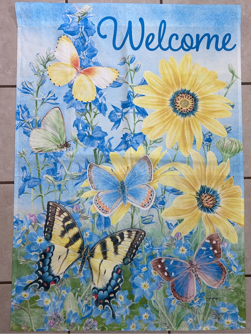 Porch Flag: Summer Welcome with Butterfly & Sunflower - 40” x 28”, EUC